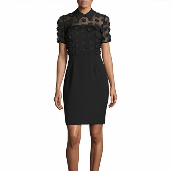 Karl Lagerfeld Collared Black Sheath Dress - Size 4 Womens - Sheer Floral - Picture 1 of 7